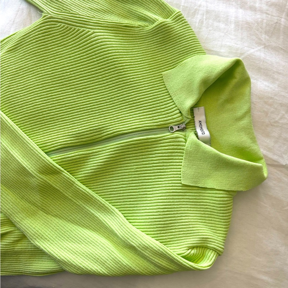 Amomento Lime Green Ribbed Zip-Up Cardigan